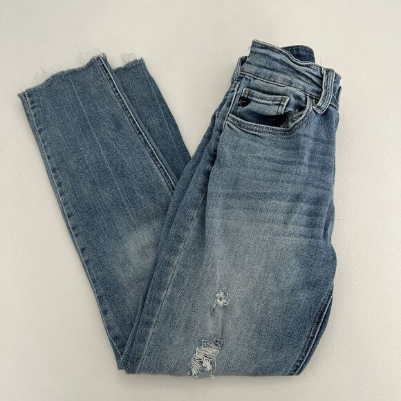 KanCan Jeans Womens Juniors 3 Denim Distressed Raw Hem Tapered Leg Medium Wash - Picture 11 of 15